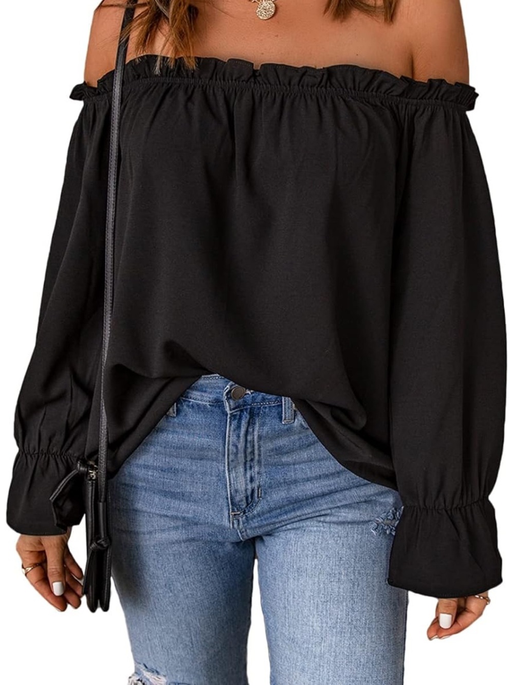 Amazon Black Off-Shoulder Ruffled Blouse
